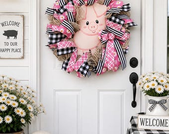 Pig Wreath, Pink Pig, Chunky Pig Wreath, Farmhouse Pig Themed Wreath, Colorful Pig Decor