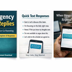 May include: Three images with text related to co-parenting. The first image is a book cover titled "Emergency Text Replies" with the subtitle "For High-Conflict Co-Parenting." The second image shows text message examples. The third image shows a phone with a text message.