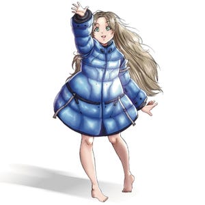 May include: A digital illustration of a character with long light brown hair wearing a bright blue, puffy, quilted jacket with a high collar, dark zippers, and adjustable straps, reaching upward with one arm while standing barefoot on a white background.