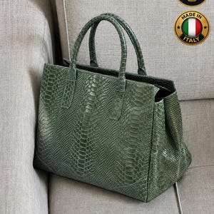 Genuine Italian Leather Python Print Tote Bag, Spacious Structured Shoulder Purse