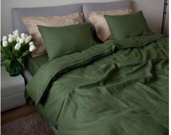Olive Green European Flax Linen Bedding Set, Minimalist Bedroom Decor