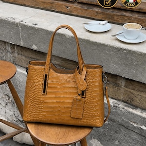 Genuine Italian Leather Python Print Tote Bag, Spacious Structured Shoulder Purse