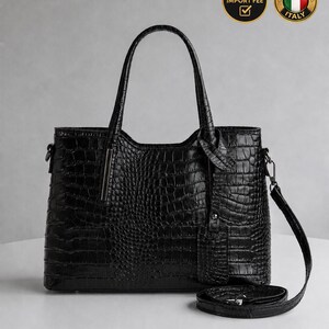 Genuine Italian Leather Python Print Tote Bag, Spacious Structured Shoulder Purse