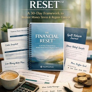 May include: A collection of financial planning tools, including a spiral-bound journal titled "The Financial Reset," worksheets, and a calculator. The journal's cover features a landscape image. Other items include a coffee cup and coins.