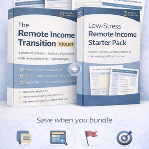 May include: Digital toolkit and starter pack for remote income transition. The toolkit includes a system to replace a physical job with remote income. The starter pack includes scripts, trackers, and boundaries to start earning without burnout. Includes outreach scripts, income tracker, client red flags, and first $1K plan.