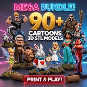Può includere: Una collezione digitale di oltre 90 modelli 3D STL di personaggi dei cartoni animati da stampare. L'immagine mostra varie figure, tra cui un uomo biondo, una puzzola, un uomo anziano, un boy scout, un coniglio, una ragazza in abito blu e una principessa.