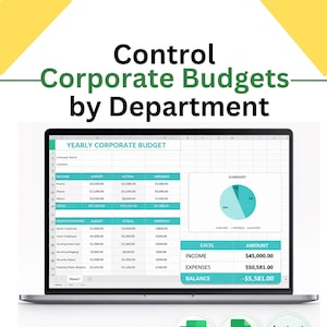 May include: A laptop screen displays a yearly corporate budget spreadsheet with income, expenses, and variance data. The title "Control Corporate Budgets by Department" is at the top. A pie chart summarizes the financial data.