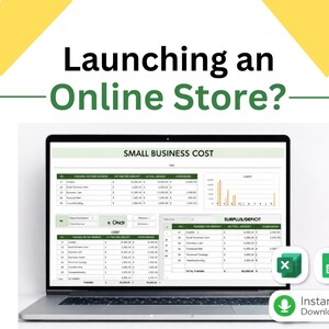 Peut inclure: Un ordinateur portable affiche une feuille de calcul intitulée "SMALL BUSINESS COST". L'écran présente des données financières avec des graphiques et des tableaux. Le texte "Launching an Online Store?" est en haut. Le texte "Instant Download" est également présent.