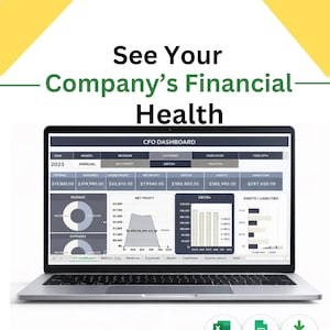 May include: A laptop displaying a CFO dashboard with financial data, including revenue, expenses, and net profit. The screen shows charts and numerical data, with the text "See Your Company's Financial Health" at the top.
