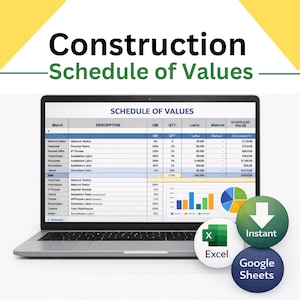 Könnte beinhalten: Ein Laptop mit einem Bauzeitplan. Der Bildschirm zeigt eine Tabelle mit Daten, Diagrammen und Grafiken. Symbole für Excel, Google Sheets und Sofort-Download sind ebenfalls vorhanden.
