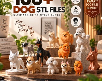 May include: A digital collection of 100+ dog STL files for 3D printing, featuring various dog figurines including a white poodle, orange Pomeranians, a black and tan Doberman, and a white French bulldog displayed on wooden blocks.