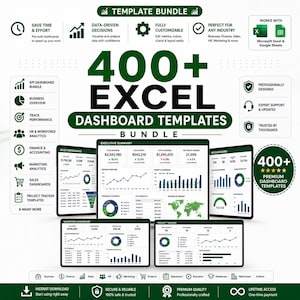 May include: A digital bundle of 400+ Excel dashboard templates featuring various business metrics, charts, and graphs. The layout includes text labels for sales, marketing, HR, and project tracking, with icons for Microsoft Excel and Google Sheets compatibility.