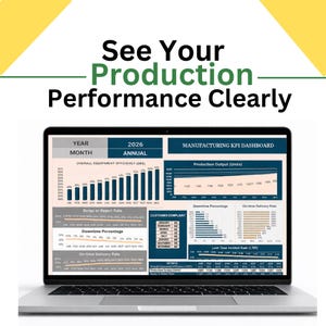 Pode incluir: Um laptop exibindo um painel de controle de KPI de fabricação com gráficos. A tela mostra dados de 2026, incluindo produção, porcentagem de tempo de inatividade e taxa de entrega no prazo. O texto na parte superior diz "See Your Production Performance Clearly."