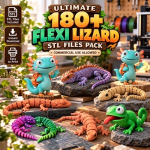 Könnte beinhalten: Eine digitale Sammlung von über 180 3D-druckbaren Echsenmodellen mit verschiedenen beweglichen Figuren in Türkis, Lila, Beige, Orange und Grün. Das Bild enthält den Text Ultimate 180+ Flexi Lizard STL Files Pack.