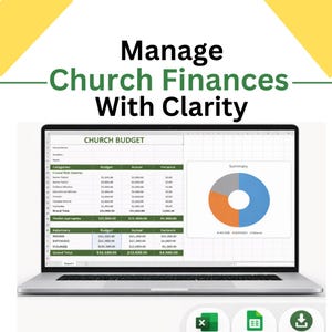 May include: A laptop displaying a church budget spreadsheet with a pie chart summary. The screen shows financial data categorized by income, expenses, and balance. The text at the top reads "Manage Church Finances With Clarity."