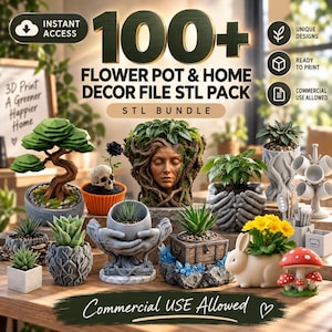 May include: A digital collection of 100+ 3D printable STL files for flower pots and home decor. The image displays various planters, including a tree-shaped bonsai, a human face sculpture, hands holding a pot, and a rabbit-shaped planter.