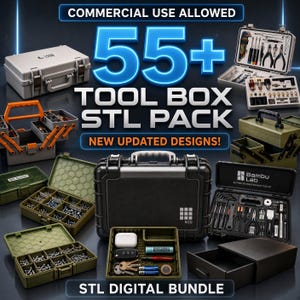 May include: A digital bundle of 55+ tool box STL files featuring various designs of storage cases, organizers, and maintenance kits. The image displays multiple plastic tool boxes in gray, green, and black, some open to show internal compartments.