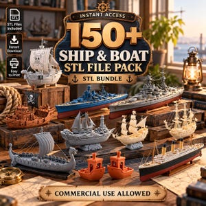 150+ STL-filer för skepp och båtar, 3D-utskriftsmodeller av piratskepp, krigsskepp, segelbåt och yacht, digital nedladdning av samling av nautiska skepp