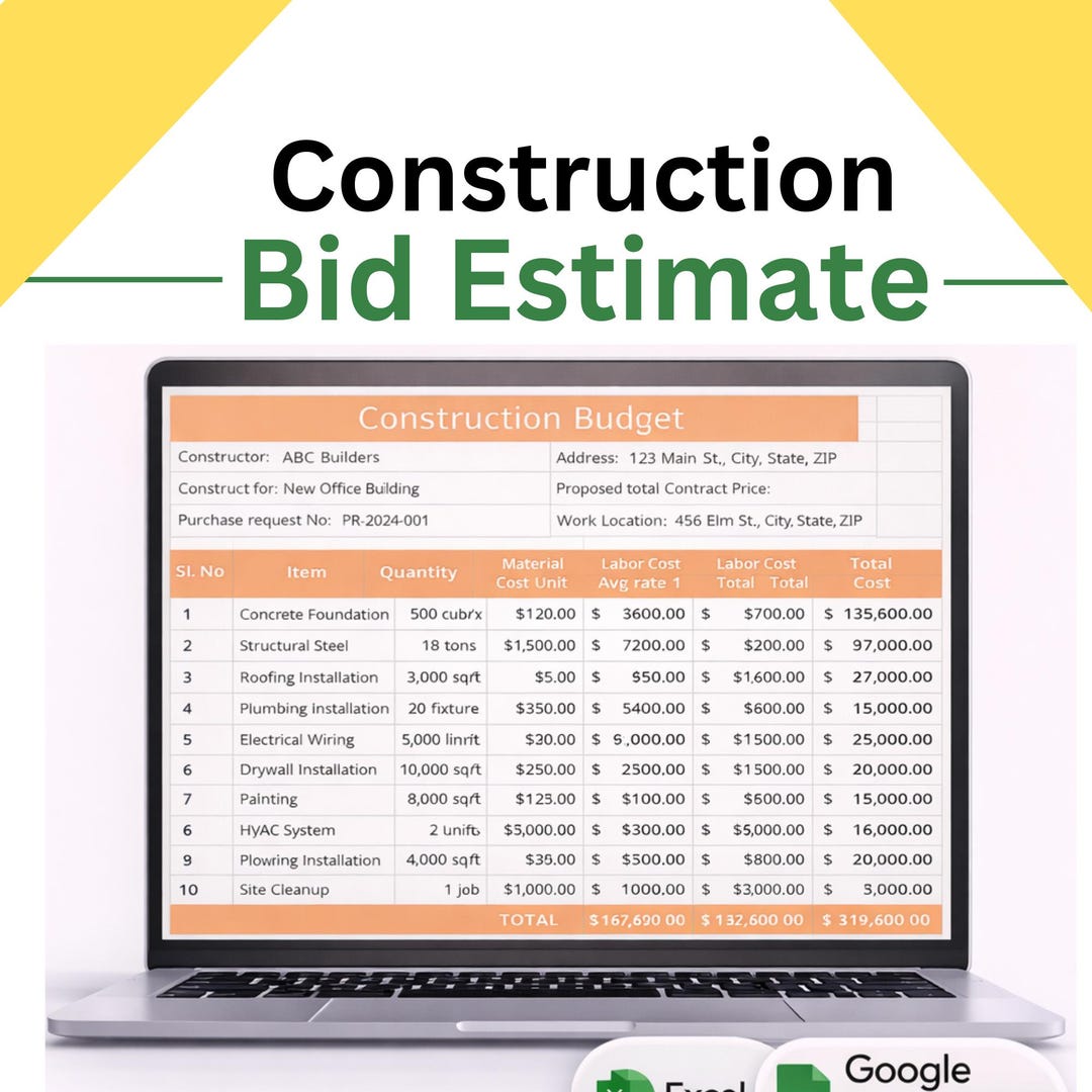Construction Estimate Spreadsheet | Contractor Bid & Cost Estimating ...