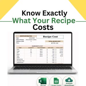 May include: A laptop displays a recipe cost analysis for Choco Butter Cookies. The screen shows ingredient quantities in grams and pieces, with a total recipe cost of $799.50. The image includes Excel, Google Sheets, and Instant Download icons.