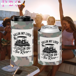 Grappige koeler voor op de rivier, Killin My Liver Floatin On The River Koozie, gepersonaliseerd souvenir voor een riviertrip, camouflage bierhoes