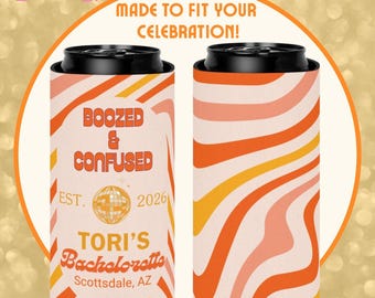 Enfriador de latas para despedida de soltera "Boozed Confused", funda para bebidas con diseño retro en espiral, recuerdo para el grupo de la novia.
