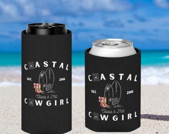 Enfriador de latas personalizado de vaquera costera / aislante para bebidas de playa con tabla de surf