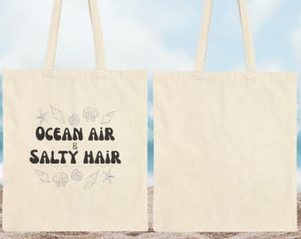 Sac fourre-tout Ocean Air & Salty Hair | Cabas Beach Quote en toile