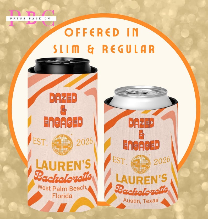Dazed And Engaged, Bachelorette Koozie, Personalized Disco Theme Bachelorette Can Cooler