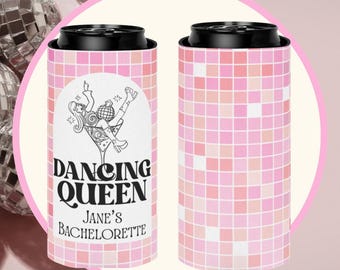 Enfriador de latas personalizado para despedida de soltera con temática de reina del baile, enfriador de latas para fiesta nupcial con temática disco.
