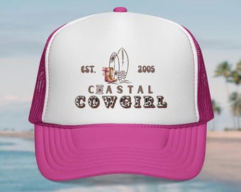 Gorra vaquera costera de camionero: diseño personalizado de año, botas y tabla de surf