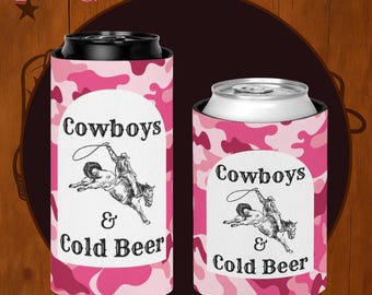 Funda para latas de cerveza fría con diseño de vaqueros, ideal para conciertos country o fiestas del oeste.