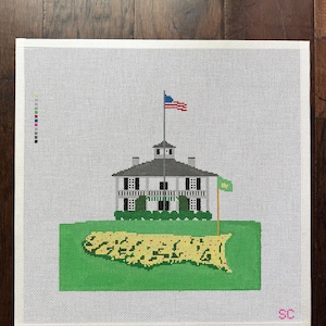 Augusta National Clubhouse Nålspetsduk | Handmålad Masters Golfdesign | Gåva till golfare