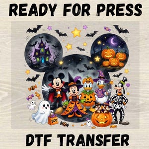 May include: A DTF transfer sheet featuring a Mickey Mouse-shaped silhouette filled with Halloween imagery, including a haunted house, pumpkins, bats, and stars. Characters dressed in costumes include Mickey, Minnie, Donald, Daisy, and Goofy.