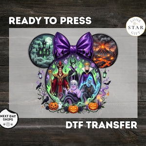 May include: A DTF transfer featuring a Mickey-shaped collage with a purple bow, a haunted castle, a volcano, and five animated villains including a sea witch and a horned sorceress, surrounded by pumpkins, ravens, and green flames on a white background.