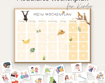 May include: A modular weekly planner for children with the German text Mein Wochenplan. The grid features days of the week, illustrations of a monkey, cheetah, bananas, and safari gear. Includes various square cards with activity icons and German labels.