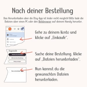 May include: An instructional graphic titled Nach deiner Bestellung with three steps showing how to download files from Etsy. It includes icons, red arrows pointing to menu options like Eink&auml;ufe and Dateien herunterladen, and text explaining that downloads must be done via a web browser.