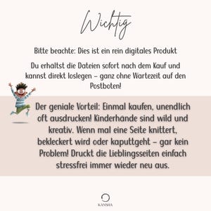 May include: A digital product information graphic featuring the German text Wichtig, Bitte beachte: Dies ist ein rein digitales Produkt, and Der geniale Vorteil. A cartoon illustration of a child jumping is on the left, and the Kansha logo is at the bottom.