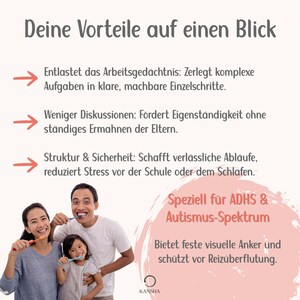 May include: An informational graphic with the heading Deine Vorteile auf einen Blick, listing benefits for working memory, independence, and structure. It features a family brushing their teeth and text about ADHD and autism.