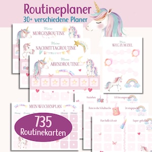 Op de afbeelding: Een verzameling printbare routineplannerbladen met eenhoornillustraties, pastelkleurige regenbogen, sterren en hartjes. De tekst bevat Routineplaner, 30+ verschiedene Planer, Meine Morgenroutine, Meine Nachmittagsroutine, Meine Abendroutine, Mein Weg zum Ziel, Mein Wochenplan en 735 Routinekarten.