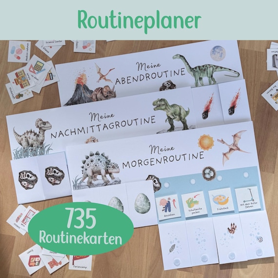 Morgenroutine Nachmittagroutine Abendroutine Kinder PDF Dinosaurier, 735 Routinekarten zum Ausdrucken, Routineplaner Montessori, Digital