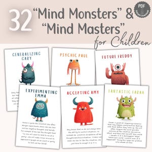 Pode incluir: Um conjunto de 32 cartões "Mind Monsters" e "Mind Masters" para crianças. Cada cartão apresenta um monstro de desenho animado colorido com um nome e uma descrição. Os cartões são projetados para ajudar as crianças com suas emoções.