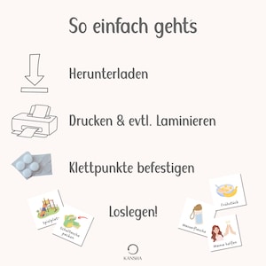 May include: An instructional graphic titled So einfach geht's featuring icons for downloading, printing, laminating, and attaching velcro dots. Below are small square cards with illustrations for daily tasks like breakfast, packing a school bag, and helping mom.
