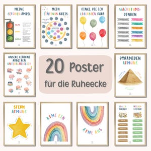 Könnte beinhalten: Eine Sammlung von 12 gerahmten Postern mit Bildungsthemen. Die Poster zeigen farbenfrohe Illustrationen und Text auf Deutsch, darunter eine Ampel, Luftballons, eine Pyramide und einen Regenbogen. Der Text auf den Postern lautet "20 Poster für die Ruheecke."