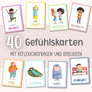 Op de afbeelding: Een set van 40 emotiekaarten met illustraties van kinderen die verschillende gevoelens uitdrukken. Elke kaart heeft een kleurrijke rand en een Duits woord dat de emotie beschrijft, zoals "Eifersüchtig" en "Enttäuscht". De kaarten zijn ontworpen met reflectievragen en spelideeën.