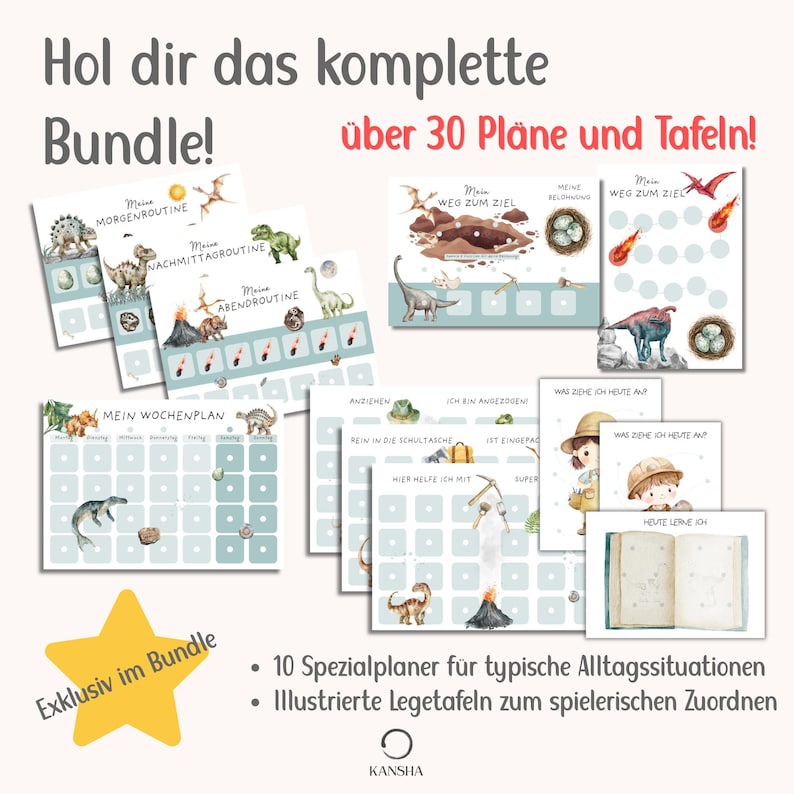May include: A collection of educational charts and planners featuring dinosaur illustrations and German text. The set includes daily routines, weekly schedules, goal trackers, and task boards with soft green and earth-toned graphics.