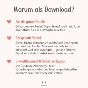 May include: A digital informational graphic with a light background and dark gray text titled Warum als Download. It features three sections marked with red hearts, explaining the benefits of downloadable files for families, printing, and environmental impact.