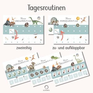 May include: A set of dinosaur-themed daily routine charts titled Tagesroutinen, featuring watercolor illustrations of dinosaurs, volcanoes, and eggs. The charts include sections for morning, afternoon, and evening routines with interactive elements, arrows, and small icons for tracking tasks.