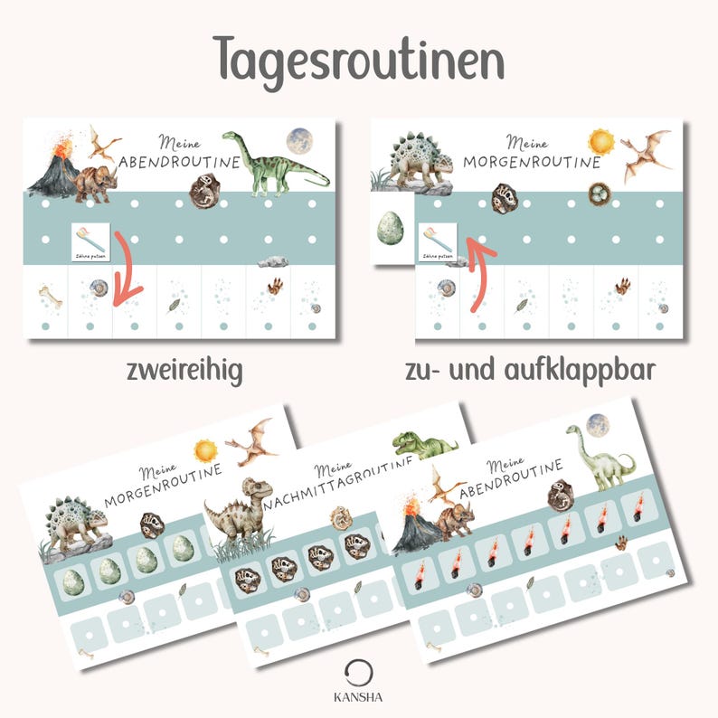 May include: A set of dinosaur-themed daily routine charts titled Tagesroutinen, featuring watercolor illustrations of dinosaurs, volcanoes, and eggs. The charts include sections for morning, afternoon, and evening routines with interactive elements, arrows, and small icons for tracking tasks.