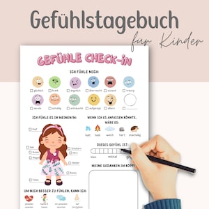 Puede incluir: Un papel blanco con texto e ilustraciones en alemán para un diario de sentimientos para niños. El diario incluye indicaciones para identificar emociones, sensaciones corporales y estrategias de afrontamiento. Una mano sostiene un bolígrafo negro.